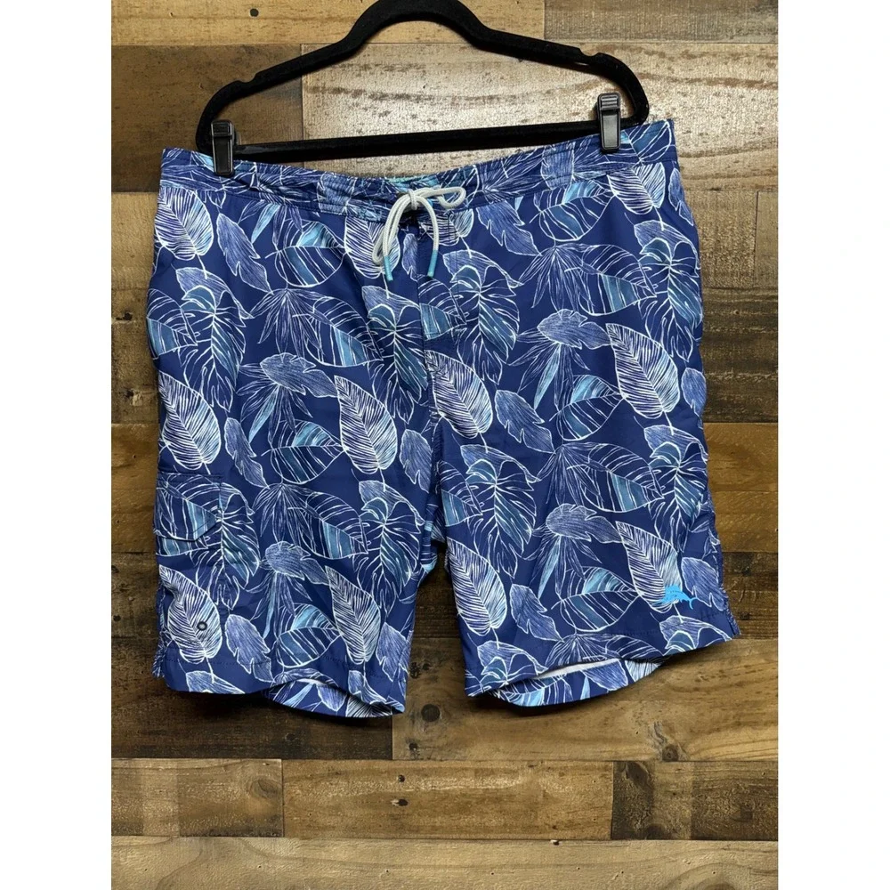 Tommy Bahama Mens XXL Blue Tropical Leaf Print Swim Trunks Mesh Lined 8in Inseam